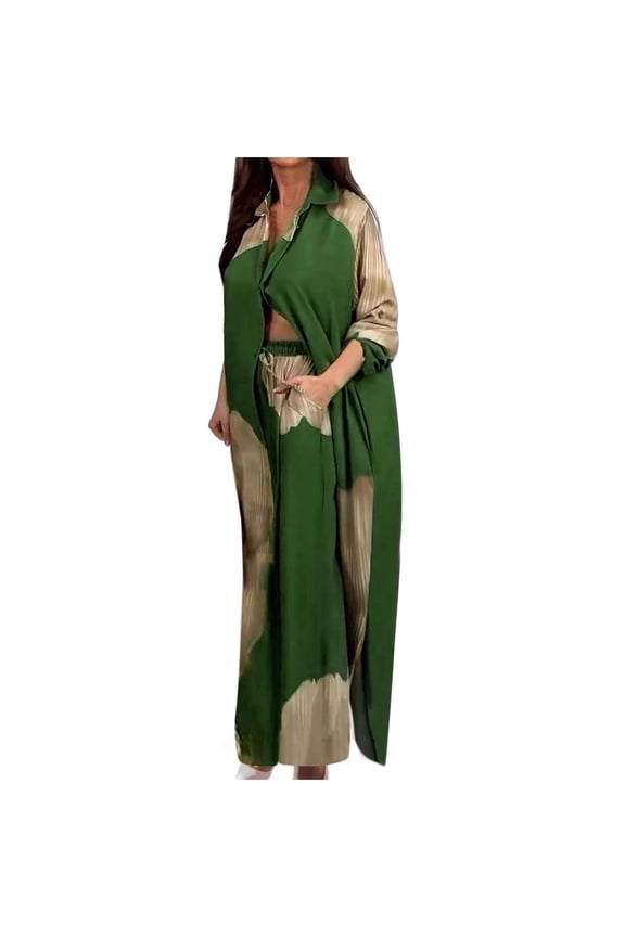 Women's Fall 2 Piece Sets Floral Print Flowly Long Shirt Loose Wide Leg Pant Suit