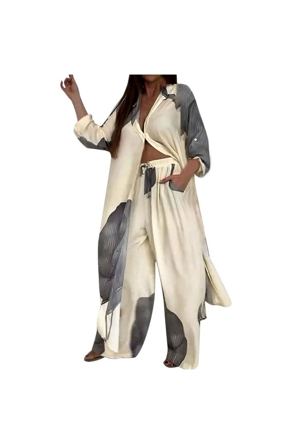 Women's Fall 2 Piece Sets Floral Print Flowly Long Shirt Loose Wide Leg Pant Suit