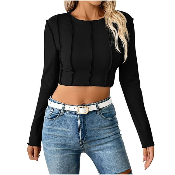 STETMN Women's Fall Crop Top Casual Ribbed Knit Long Sleeve Shirt Sexy Slim Fit Textured T-Shirt
