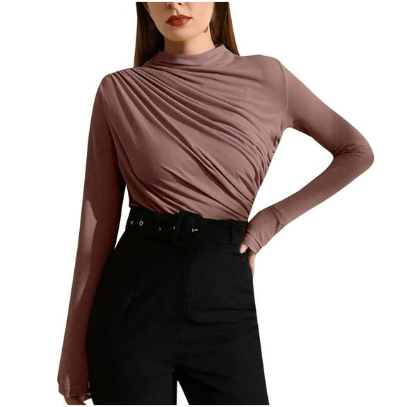 STETMN Women's Fall Slim Tops Casual Mock Neck Pleated Shirt Elegant Solid Going Out T-Shirt
