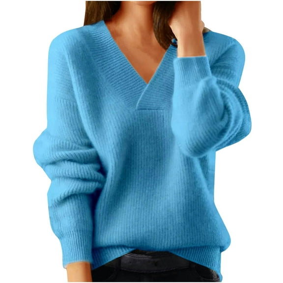 STETMN Women's Fall Sweater V Neck Knit Casual Long Sleeve Trendy Lightweight Pullover Tops