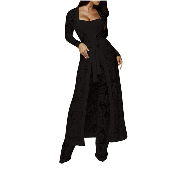 STETMN Women's Fall Winter Sexy Outfit Print Tie Long CardiganScoop Neck Tank Lace High Waist Pant 3 Piece Set
