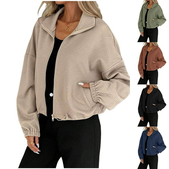 STETMN Women's Fall Winter Textured Crop Jacket Zip Up Wool Blend Coat Loose Drawstring Hem Coat with Pocket