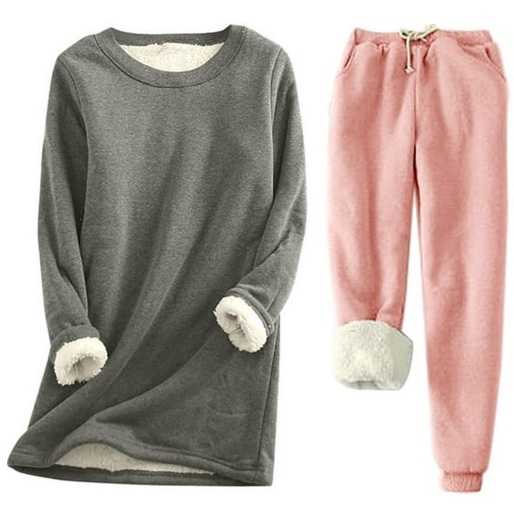 STETMN Women's Flannel Loungewear Set Fleece Crewneck Long Top Drawstring Thermal Pants 2 Piece Outfit