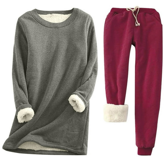 STETMN Women's Flannel Loungewear Set Fleece Crewneck Long Top Drawstring Thermal Pants 2 Piece Outfit