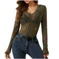 thumbnail image 1 of STETMN Women's Floral Lace V Neck Tops Slim Mesh Sheer Crop Shirt Sexy Tight Going Out T-shirt, 1 of 7