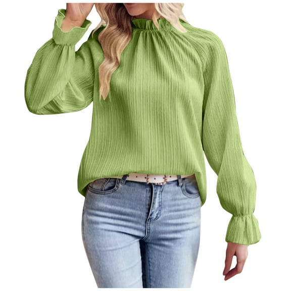 STETMN Women's Frill Neck Tops Elegant Long Sleeve Pleated Blouse Lightweight Dressy Fall Shirt