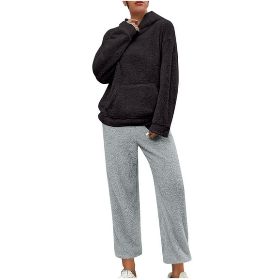 STETMN Women's Fuzzy Fleece Pajama Set Hooded Warm Pullover Top Loose Soft Pant Loungewear Outfit