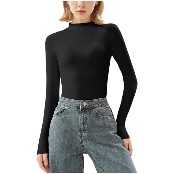 STETMN Women's High Neck T-shirt Long Sleeve Slim Tee Casual Base Layer Tops Spring Basic Top