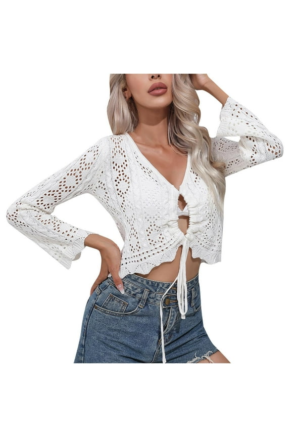 Women's Hollow Out Crochet Cardigan Drawstring Crop Boho Tops Beach Vacation Shirt