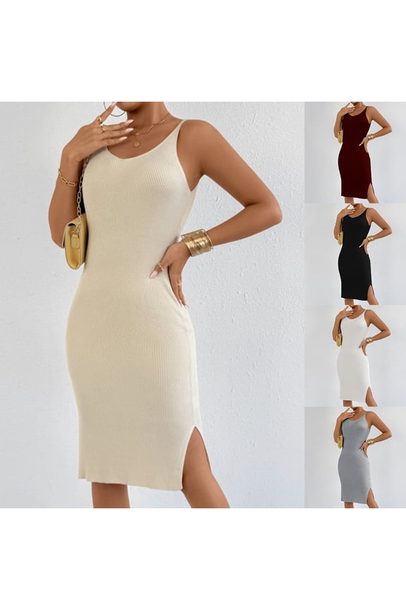 Women's Knit Bodycon Dresses Slim Crewneck Sleeveless Dress Tight Corset Slit Dress