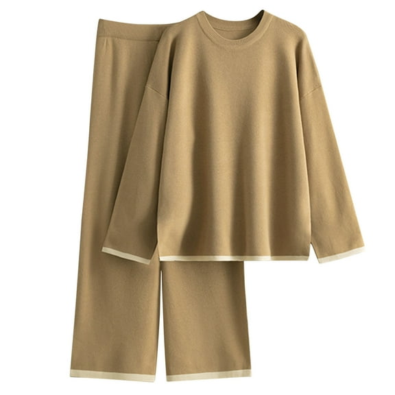 STETMN Women's Knitted 2 Piece Sets Casual Color Block Sweater High Waist Wide Leg Pant Warm Soft Outfit