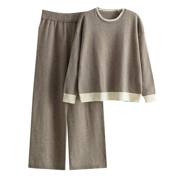 STETMN Women's Knitted 2 Piece Sets Casual Color Block Sweater High Waist Wide Leg Pant Warm Soft Outfit