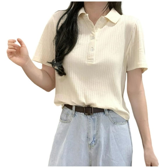 STETMN Women's Knitted Ribbed Tops V Neck Button Collared Short Sleeve Shirts Casual Loose Tee