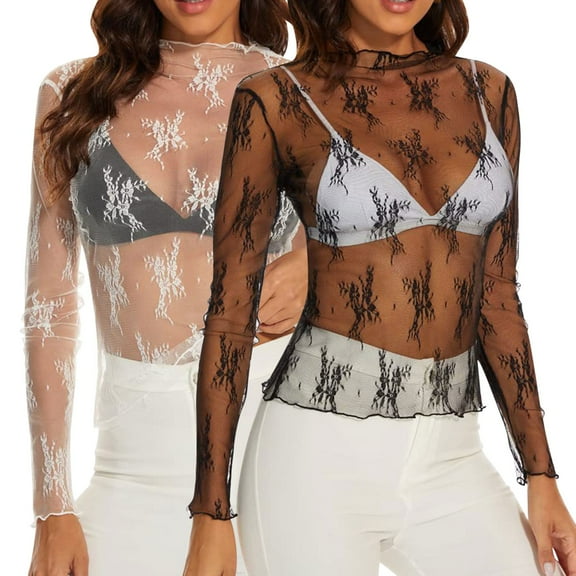 STETMN Women's Lace Sheer Tops Mock Neck Floral Printed Shirt Long Sleeve Sexy See Through T-shirt 2 Pack