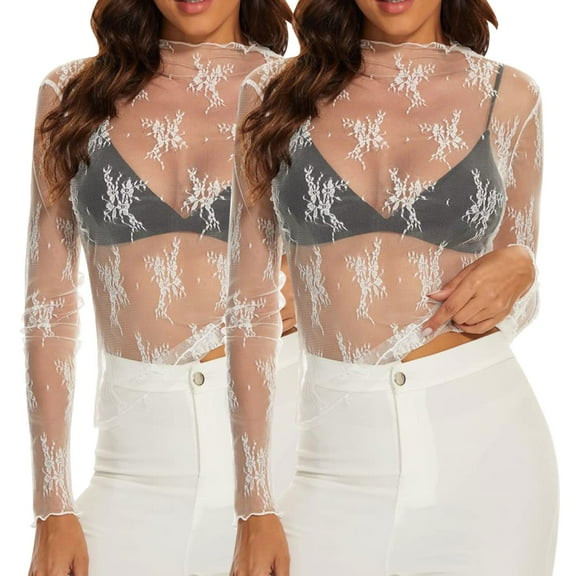 STETMN Women's Lace Sheer Tops Mock Neck Floral Printed Shirt Long Sleeve Sexy See Through T-shirt 2 Pack