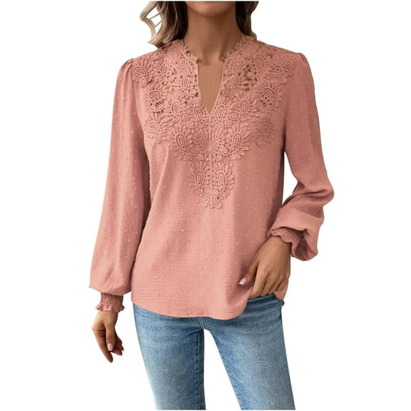 STETMN Women's Lace V Neck Tops Casual Loose Puff Sleeve Shirts Swiss Dot Cute Trendy T-Shirt