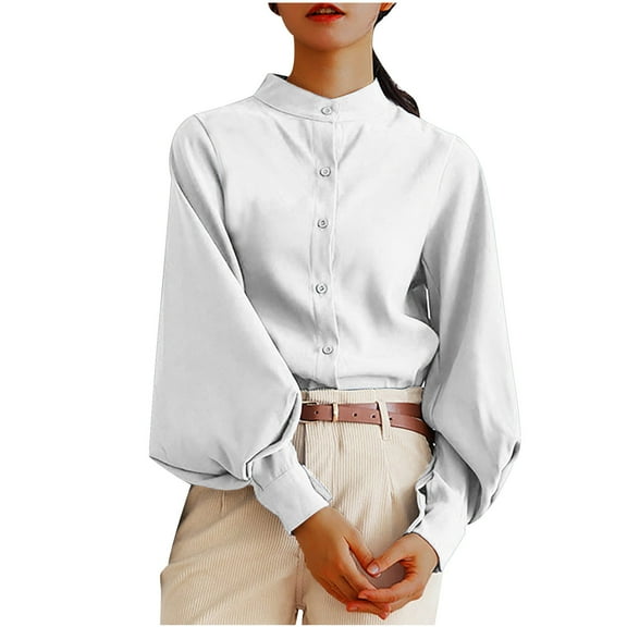 STETMN Women's Lantern Sleeve Blouse Button Down Vintage Mock Neck Tops Loose Office Casual Shirts