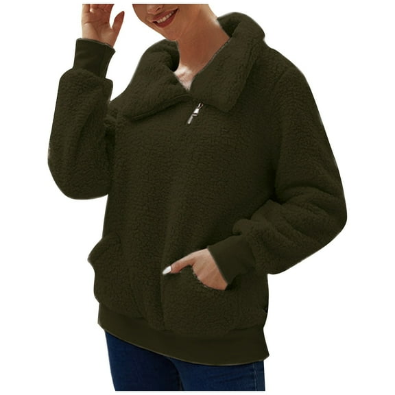STETMN Women's Lapel Fuzzy Fleece Sweatshirt Faux Shearling Zipper Pullover Top Warm Sherpa Outwear