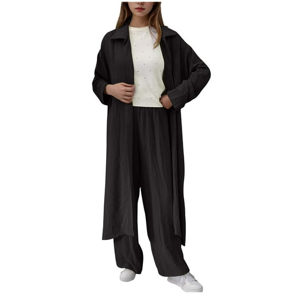 STETMN Women's Lightweight 2 Piece Outfits Button Flowy Long Shirt Stretch Wide Leg Pants Fall Set