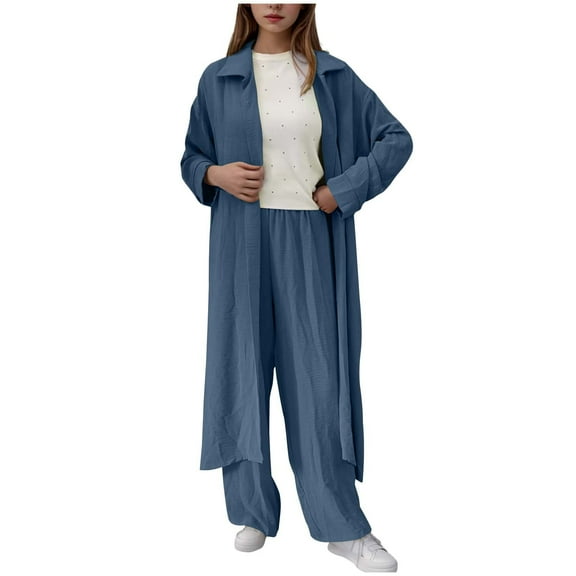 STETMN Women's Lightweight 2 Piece Outfits Button Flowy Long Shirt Stretch Wide Leg Pants Fall Set