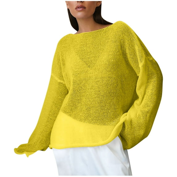 STETMN Women's Long Sleeve Blouse Crochet Hollow Out Drop Shoulder Sweater Lightweight Crew Neck Shirt