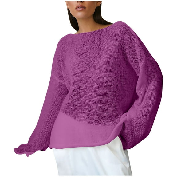 STETMN Women's Long Sleeve Blouse Crochet Hollow Out Drop Shoulder Sweater Lightweight Crew Neck Shirt