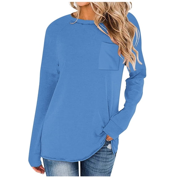 STETMN Women's Long Sleeve Cotton Tops Fall Loose Fit Crewneck Shirt Lightweight Tee with Pocket