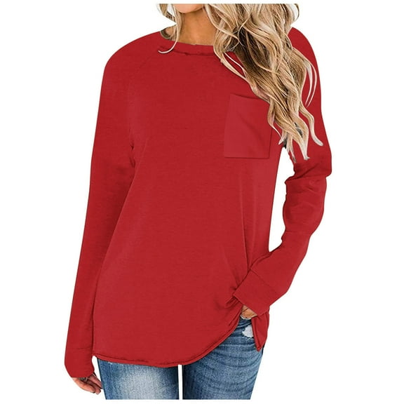 STETMN Women's Long Sleeve Cotton Tops Fall Loose Fit Crewneck Shirt Lightweight Tee with Pocket
