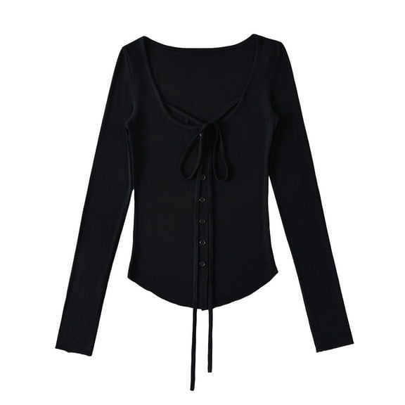 STETMN Women's Long Sleeve Crop Tops Crew Neck Tie-Front Shirt Slim Fit Button Down T-shirt