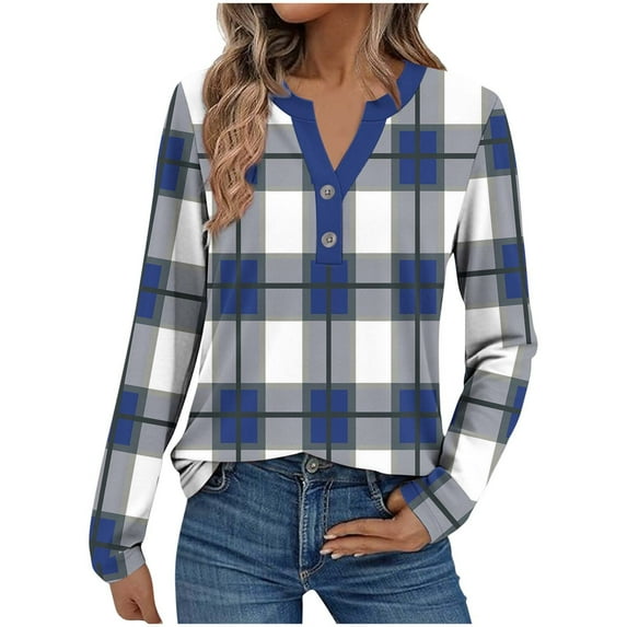 STETMN Women's Long Sleeve Shirts Button V Neck Plaid Top Fall Casual Office Blouses