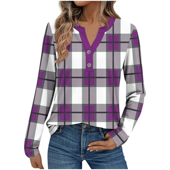 STETMN Women's Long Sleeve Shirts Button V Neck Plaid Top Fall Casual Office Blouses