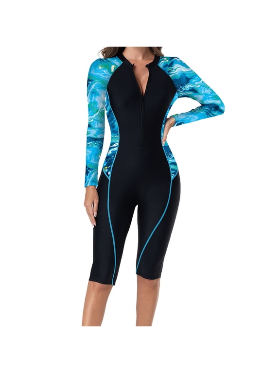 Women's Rash Guard Boyleg Surfing Bathing Suit Zip Summer Long Sleeve One Piece Swimsuit UPF 50