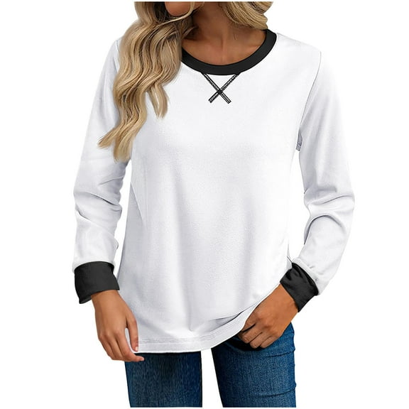 STETMN Women's Long Sleeve Sweatshirts Casual Crewneck Color Block Pullover Tops Loose Fall Shirts