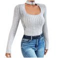 thumbnail image 1 of STETMN Women's Long Sleeve Tops Choker Neck Cutout Front Sexy Blouse Fall Slim Fit Stripe Tee Shirts, 1 of 8