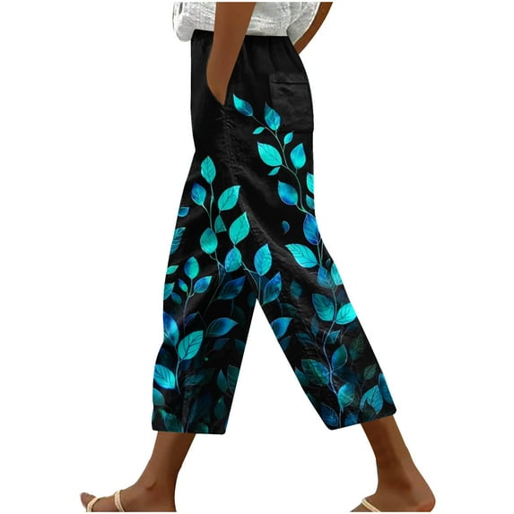 STETMN Women's Loose Capris Floral Print Pant Elastic Waist Trousers Beach Crop Pants