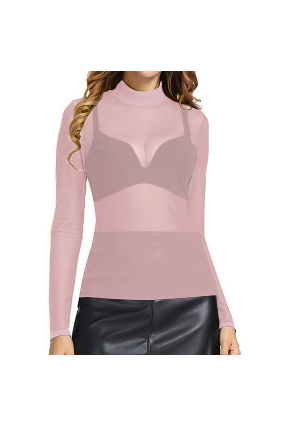 Women's Mesh Tops Mock Neck See Through Shirts Sexy Sheer Night Club Clothes