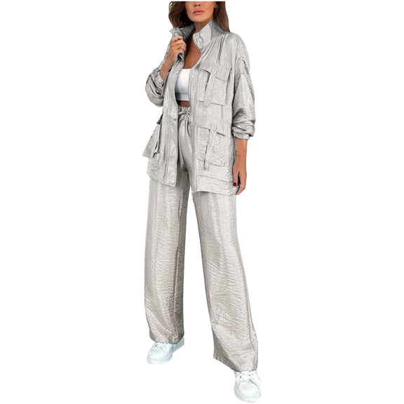 STETMN Women's Metallic 2 Piece Set Zip Up Collar Jacket Elastic Waist Drawstring Pants Lounge Outfit