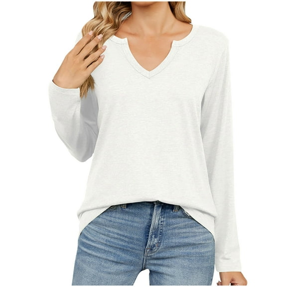 STETMN Women's Notch V Neck T-Shirt Casual Long Sleeve Tops Fall Cozy Lightweight Layer Shirts