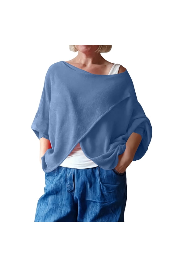 Women's Off Shoulder Top Loose Wrap Asymmetric Hem Tops Batwing Sleeve Trendy Spring Pullover Tee
