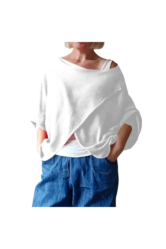 Women's Off Shoulder Top Loose Wrap Asymmetric Hem Tops Batwing Sleeve Trendy Spring Pullover Tee