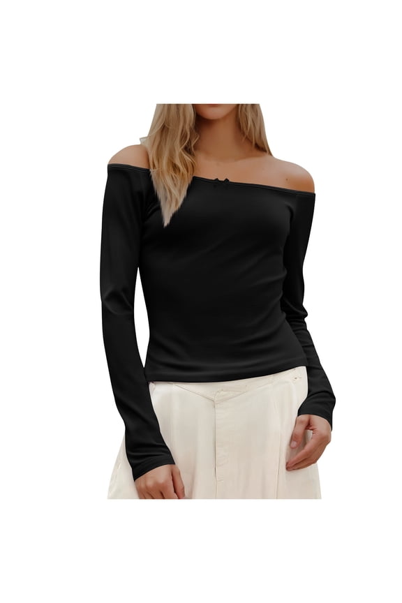Women's Off Shoulder Top Solid Loose Layer Shirt Long Sleeve Trendy Going Out Tee Spring Clothes