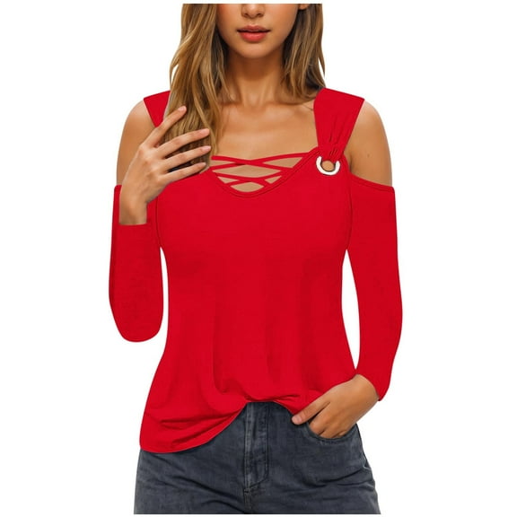 STETMN Women's Off Shoulder Tops Criss Cross Crew Neck Shirt Lightweight Loose Fall Going Out T-shirt