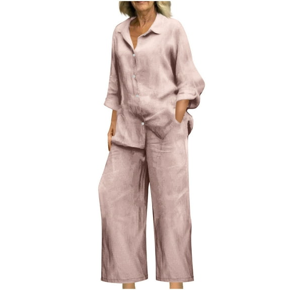 STETMN Women's Oversized 2 Piece Outfits Lapel Neck Button Shirt Wide Leg Pants Lightweight Flowy Sets