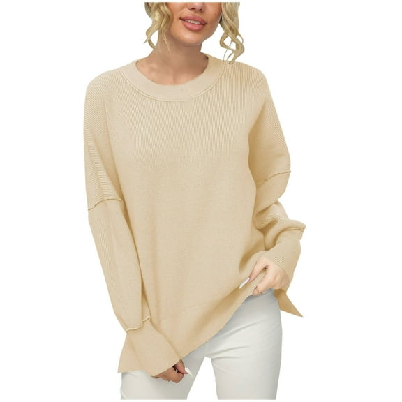 STETMN Women's Oversized Batwing Sweaters Crew Neck Side Slit Solid Knit Pullover Tops