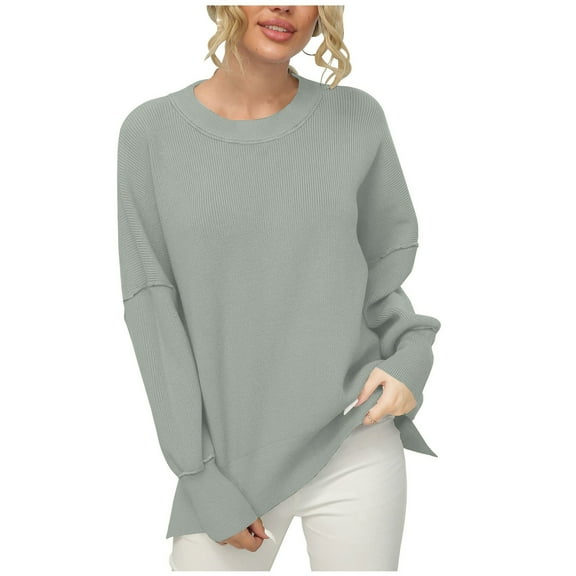 STETMN Women's Oversized Batwing Sweaters Crew Neck Side Slit Solid Knit Pullover Tops