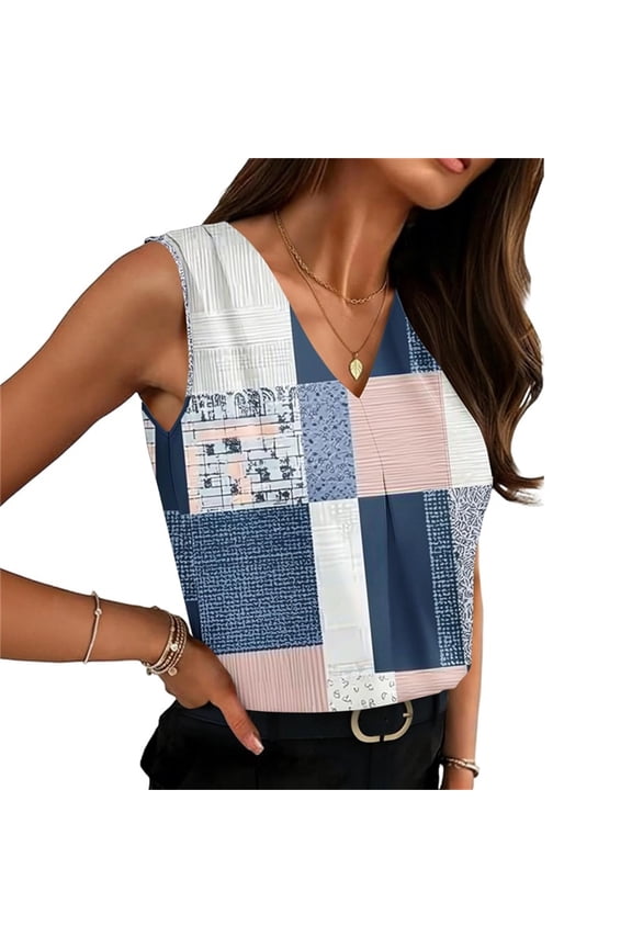Women's Patchwork Plaid Print Sleeveless Tank Top, Summer V Neck Lightweight Casual Blouse for Work