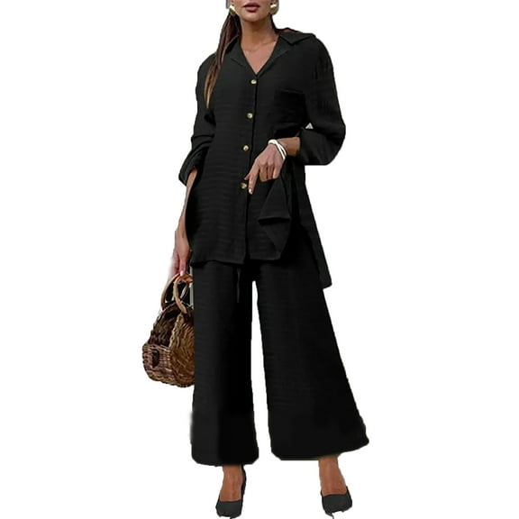 STETMN Women's Plus Size 2 Piece Sets Button Down Lapel Neck Blouse Baggy Wide Leg Pants Lightweight Outfit