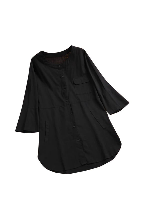 Women's Plus Size Button Down Blouse Roll Long Sleeve Side Slit Long Shirt Open Front Tops