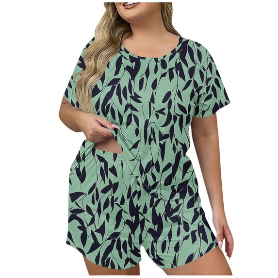 STETMN Women's Plus Size Print Pajama Set, Short Sleeve Top & Shorts 2-Piece Set, Soft Loungewear Sleepwear XL-5XL